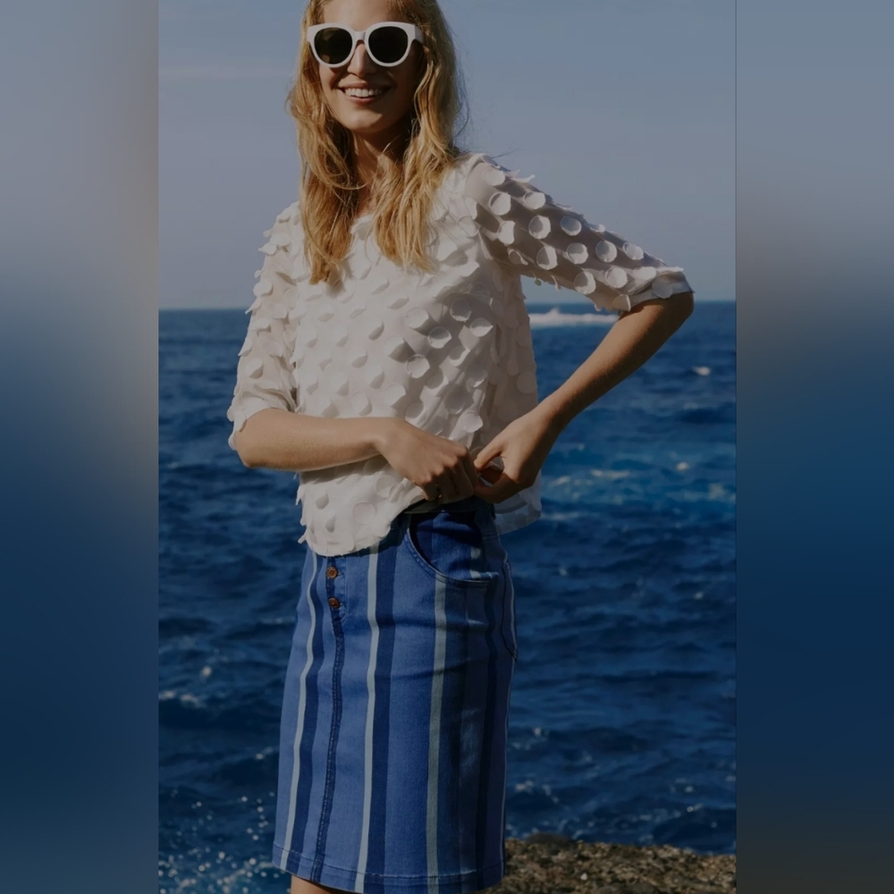 Anthropologie Maeve Blue Hill Striped Denim Pencil Mini Skirt | Size 14